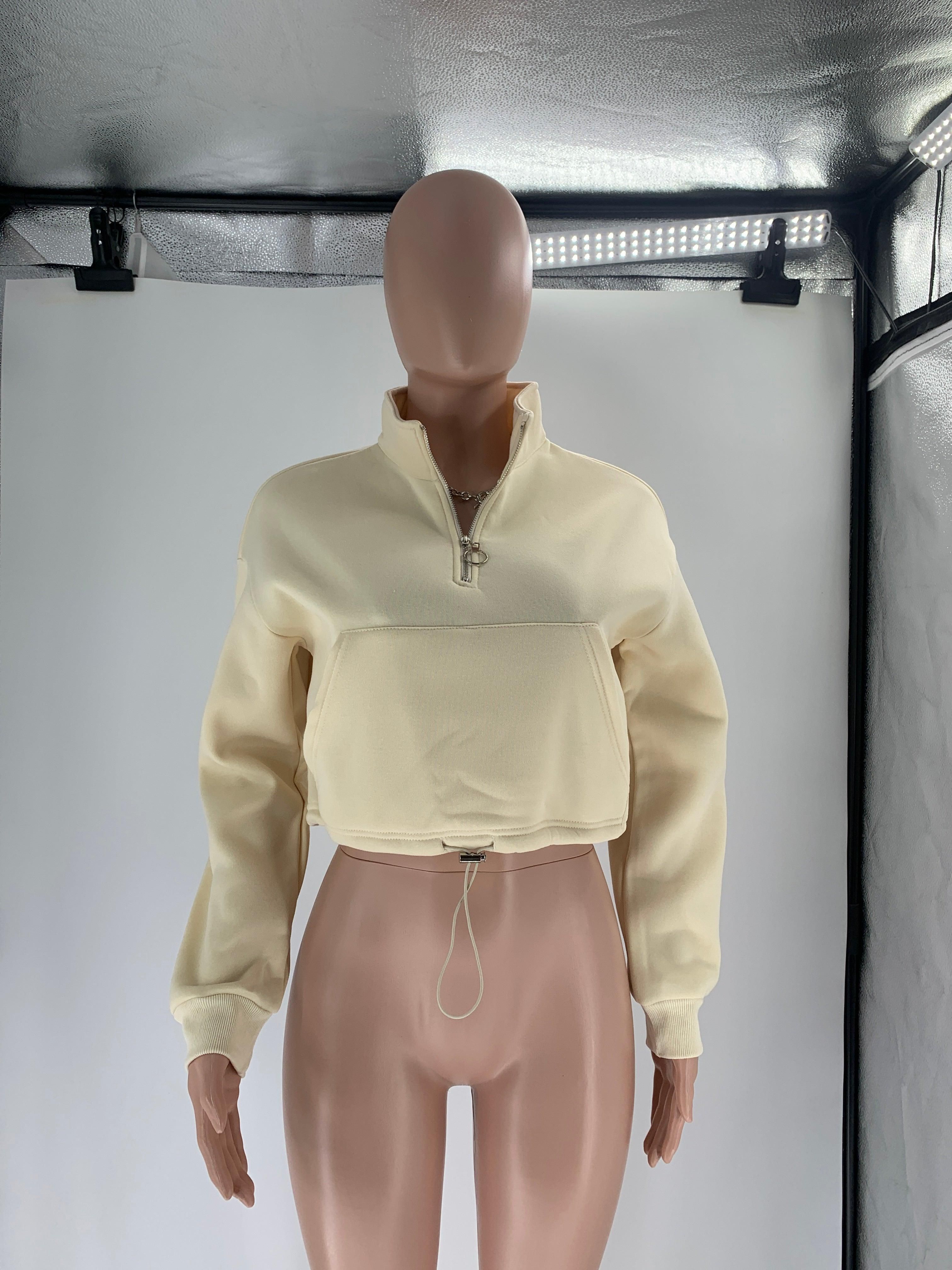 Collar Zipper Drawstring cropped Women Clothing Urban Casual Patch Pocket Long Sleeve Sweater - Yara fashion  57706974 Collar Zipper Drawstring cropped Women Clothing Urban Casual Patch Pocket Long Sleeve Sweater 