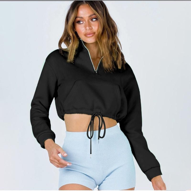 Collar Zipper Drawstring cropped Women Clothing Urban Casual Patch Pocket Long Sleeve Sweater - Yara fashion  94197700 Collar Zipper Drawstring cropped Women Clothing Urban Casual Patch Pocket Long Sleeve Sweater 