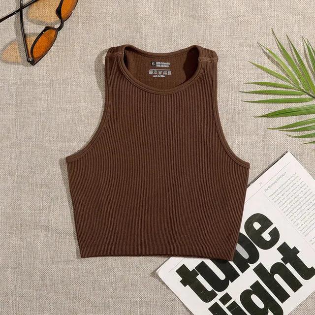 Crop Top Women Solid Basic T-shirts Vest Seamless Streetwear Elastic Rib-Knit Sleeveless Casual Tank Tops Female - Yara fashion  46959979 Crop Top Women Solid Basic T-shirts Vest Seamless Streetwear Elastic Rib-Knit Sleeveless Casual Tank Tops Female 