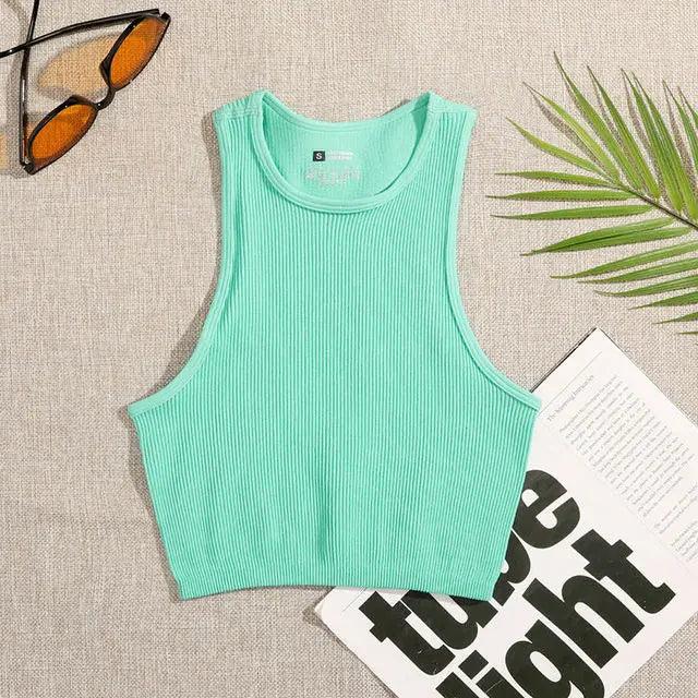 Crop Top Women Solid Basic T-shirts Vest Seamless Streetwear Elastic Rib-Knit Sleeveless Casual Tank Tops Female - Yara fashion  20890347 Crop Top Women Solid Basic T-shirts Vest Seamless Streetwear Elastic Rib-Knit Sleeveless Casual Tank Tops Female 