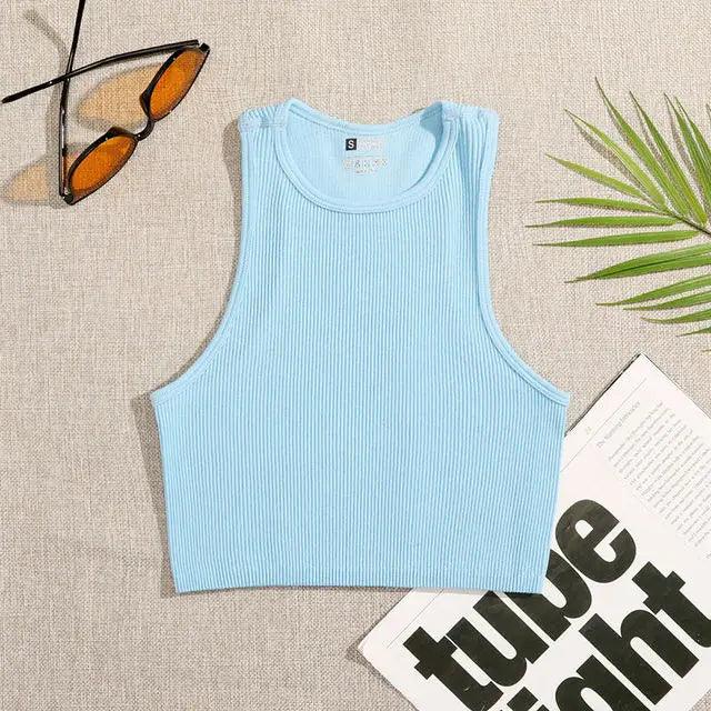 Crop Top Women Solid Basic T-shirts Vest Seamless Streetwear Elastic Rib-Knit Sleeveless Casual Tank Tops Female - Yara fashion  71409912 Crop Top Women Solid Basic T-shirts Vest Seamless Streetwear Elastic Rib-Knit Sleeveless Casual Tank Tops Female 