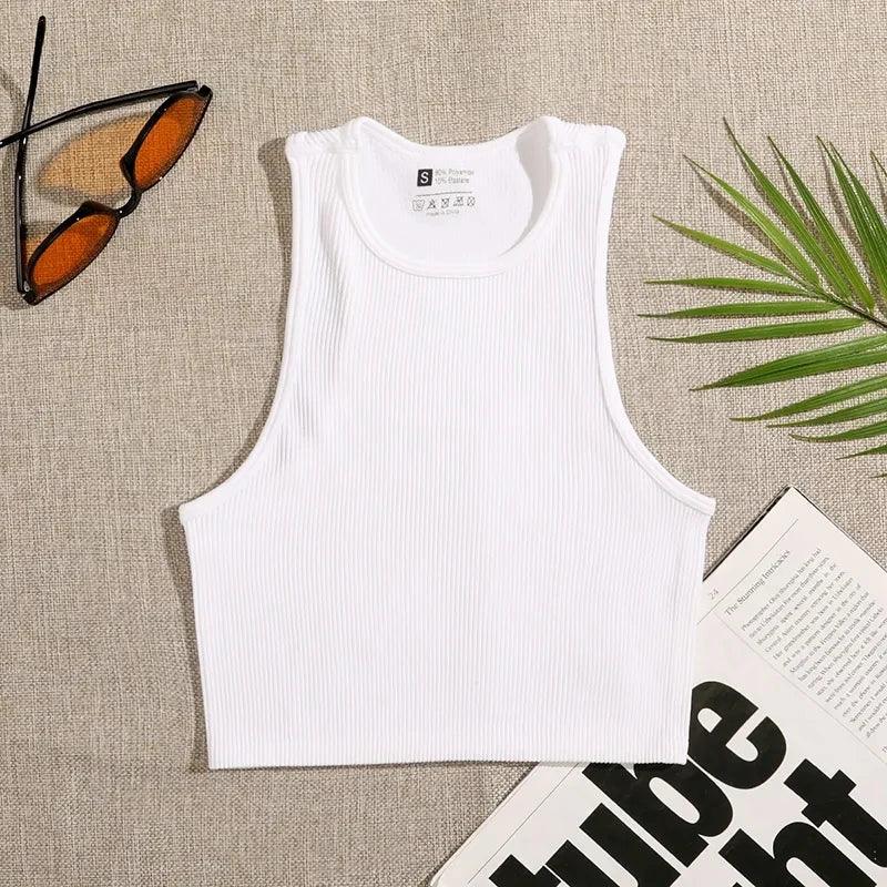 Crop Top Women Solid Basic T-shirts Vest Seamless Streetwear Elastic Rib-Knit Sleeveless Casual Tank Tops Female - Yara fashion  93609485 Crop Top Women Solid Basic T-shirts Vest Seamless Streetwear Elastic Rib-Knit Sleeveless Casual Tank Tops Female 