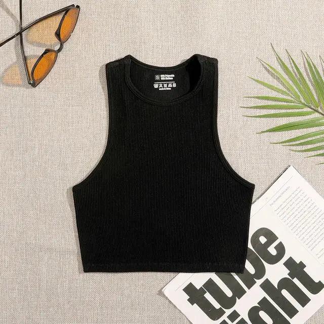 Crop Top Women Solid Basic T-shirts Vest Seamless Streetwear Elastic Rib-Knit Sleeveless Casual Tank Tops Female - Yara fashion  96767666 Crop Top Women Solid Basic T-shirts Vest Seamless Streetwear Elastic Rib-Knit Sleeveless Casual Tank Tops Female 