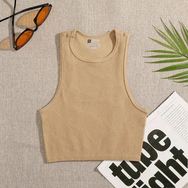 Crop Top Women Solid Basic T-shirts Vest Seamless Streetwear Elastic Rib-Knit Sleeveless Casual Tank Tops Female - Yara fashion  62332953 Crop Top Women Solid Basic T-shirts Vest Seamless Streetwear Elastic Rib-Knit Sleeveless Casual Tank Tops Female 