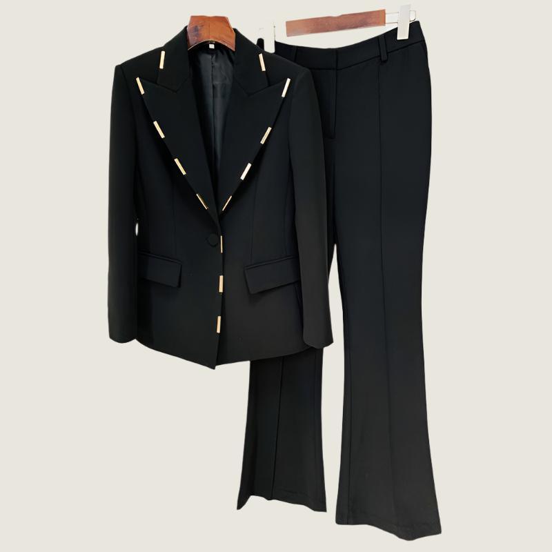 Decorative One Button Blazer Bell Bottom Pants Suit Two Piece Set - Yara fashionYara fashion