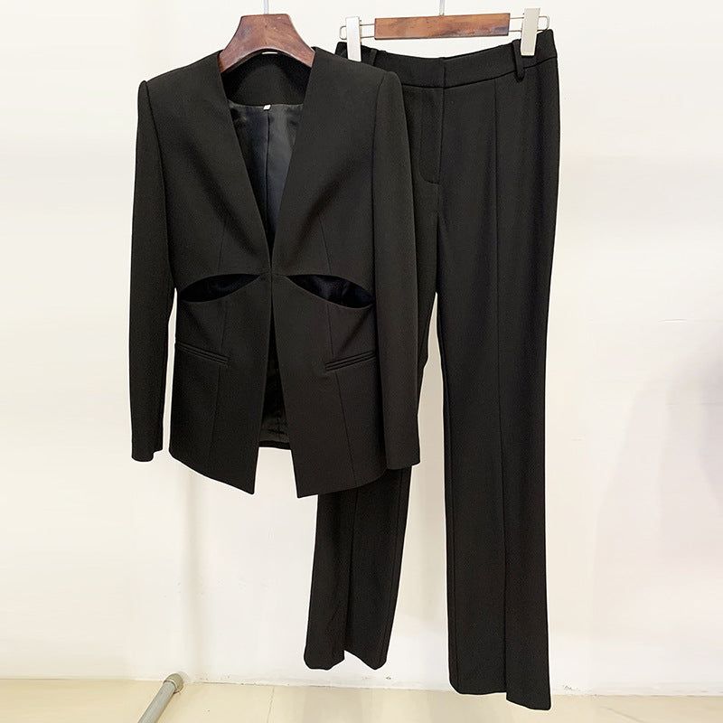 Dignified Hollow Out Cutout Collarless Blazer Slim Fit Slit Trousers Set - Yara fashion  94553558 Dignified Hollow Out Cutout Collarless Blazer Slim Fit Slit Trousers Set 