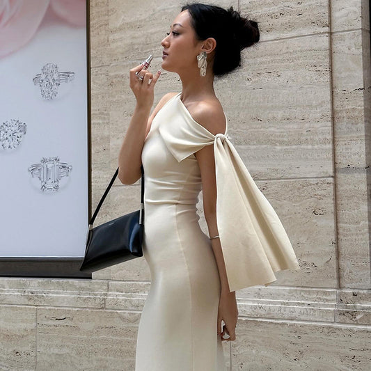 One-shoulder Ribbon Long Dress Ins Fashion Slim Sleeveless Dresses For Evening Party Club Clothing Women - Yara fashion 0 Yara fashion 25.47