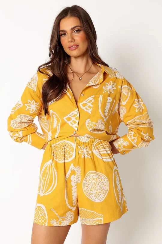 Early Autumn Casual Advanced Fruit Printed Shorts Cardigan Suit - Yara fashion  33211533 Early Autumn Casual Advanced Fruit Printed Shorts Cardigan Suit 