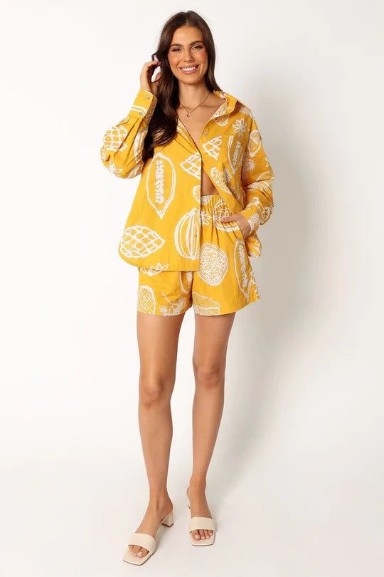 Early Autumn Casual Advanced Fruit Printed Shorts Cardigan Suit - Yara fashion  83016151 Early Autumn Casual Advanced Fruit Printed Shorts Cardigan Suit 