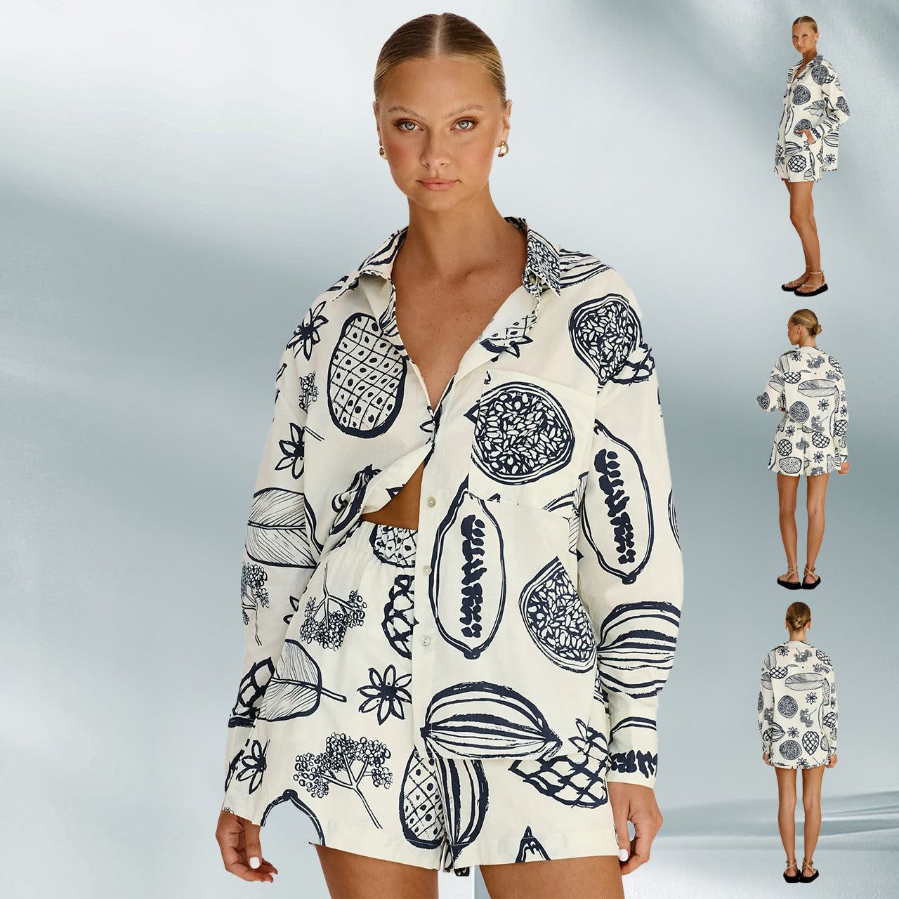 Early Autumn Casual Advanced Fruit Printed Shorts Cardigan Suit - Yara fashion  42084802 Early Autumn Casual Advanced Fruit Printed Shorts Cardigan Suit 