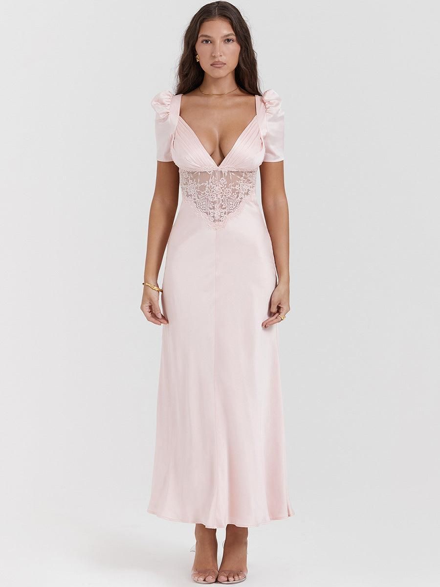 Elegant Women Clothing Supply Deep V Plunge Lace Stitching Cropped Outfit Maxi Dress Dopamine Wear Pink Dress - Yara fashion  95920692 Elegant Women Clothing Supply Deep V Plunge Lace Stitching Cropped Outfit Maxi Dress Dopamine Wear Pink Dress 