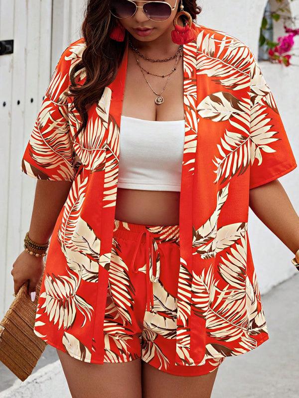 Fashionable printed casual resort style cardigan shorts suit - Yara fashion  33793987 Fashionable printed casual resort style cardigan shorts suit 