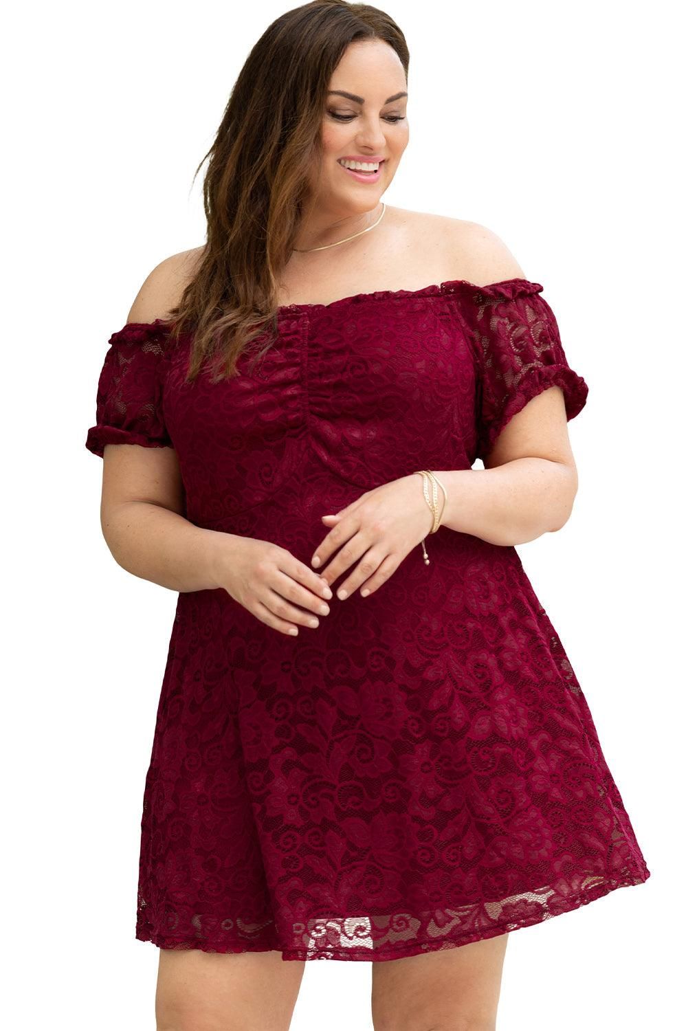 Fiery Red Lace Frill Bubble Sleeve Off Shoulder Plus Size Dress - Yara fashion  36576413 Fiery Red Lace Frill Bubble Sleeve Off Shoulder Plus Size Dress 