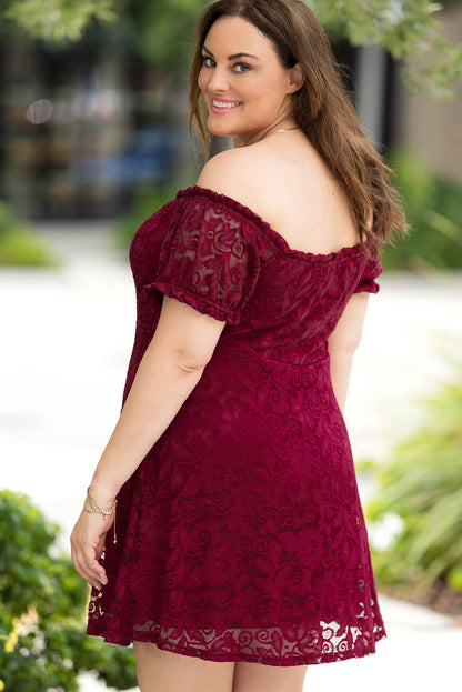 Fiery Red Lace Frill Bubble Sleeve Off Shoulder Plus Size Dress - Yara fashion  22463825 Fiery Red Lace Frill Bubble Sleeve Off Shoulder Plus Size Dress 