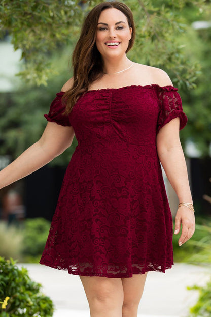 Fiery Red Lace Frill Bubble Sleeve Off Shoulder Plus Size Dress - Yara fashion  88642195 Fiery Red Lace Frill Bubble Sleeve Off Shoulder Plus Size Dress 