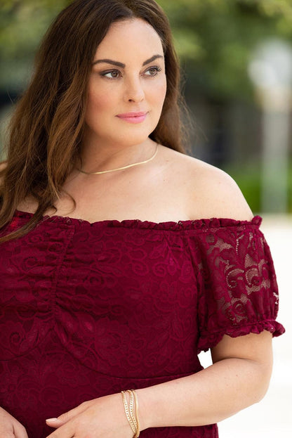 Fiery Red Lace Frill Bubble Sleeve Off Shoulder Plus Size Dress - Yara fashion  6367836 Fiery Red Lace Frill Bubble Sleeve Off Shoulder Plus Size Dress 