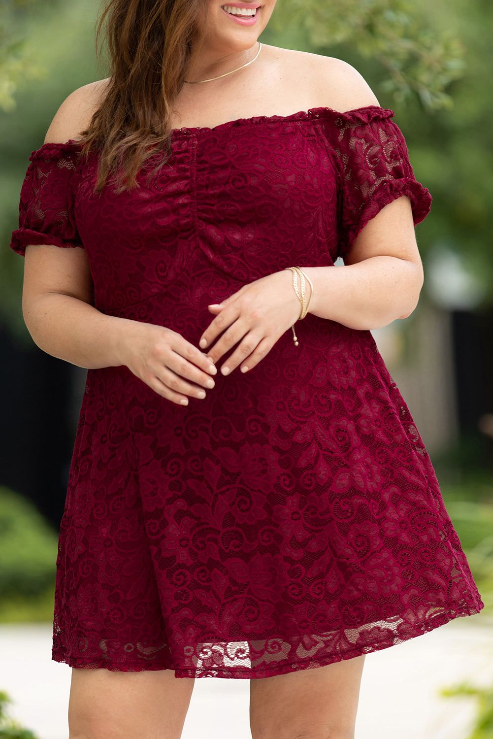 Fiery Red Lace Frill Bubble Sleeve Off Shoulder Plus Size Dress - Yara fashion  72182718 Fiery Red Lace Frill Bubble Sleeve Off Shoulder Plus Size Dress 