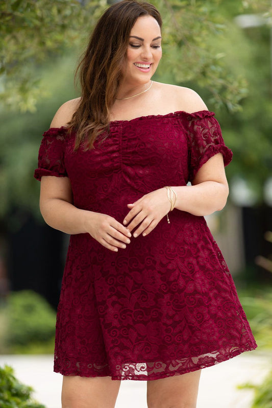 Fiery Red Lace Frill Bubble Sleeve Off Shoulder Plus Size Dress - Yara fashion  56445980 Fiery Red Lace Frill Bubble Sleeve Off Shoulder Plus Size Dress 