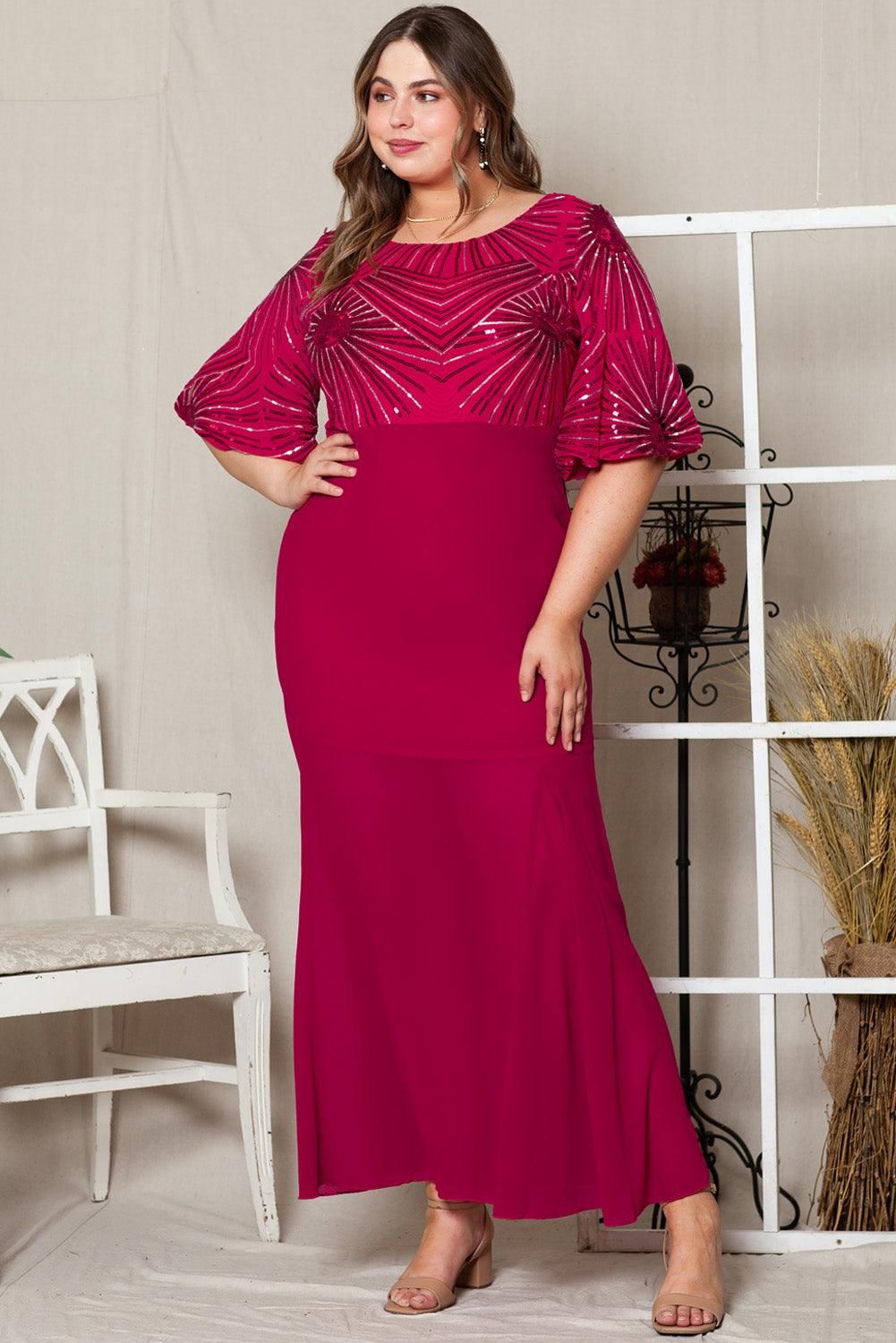 Fiery Red Sequin Mesh Open Back Plus Size Maxi Dress - Yara fashion  27314780 Fiery Red Sequin Mesh Open Back Plus Size Maxi Dress 