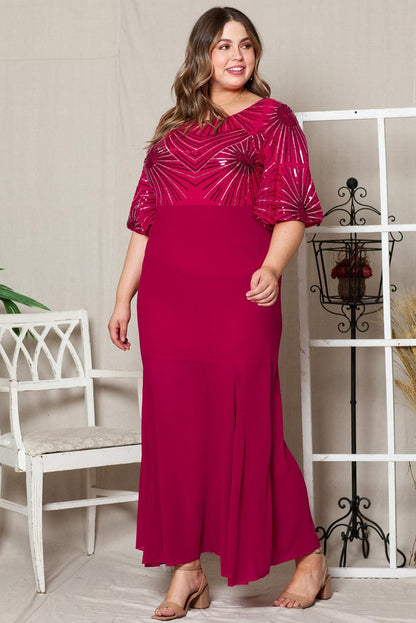 Fiery Red Sequin Mesh Open Back Plus Size Maxi Dress - Yara fashion  51158424 Fiery Red Sequin Mesh Open Back Plus Size Maxi Dress 