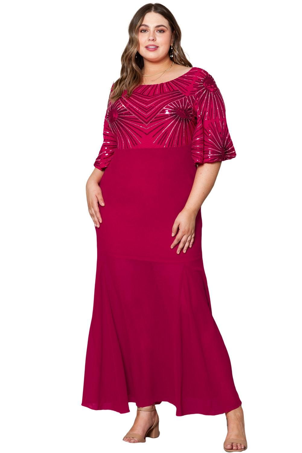 Fiery Red Sequin Mesh Open Back Plus Size Maxi Dress - Yara fashion  25864294 Fiery Red Sequin Mesh Open Back Plus Size Maxi Dress 