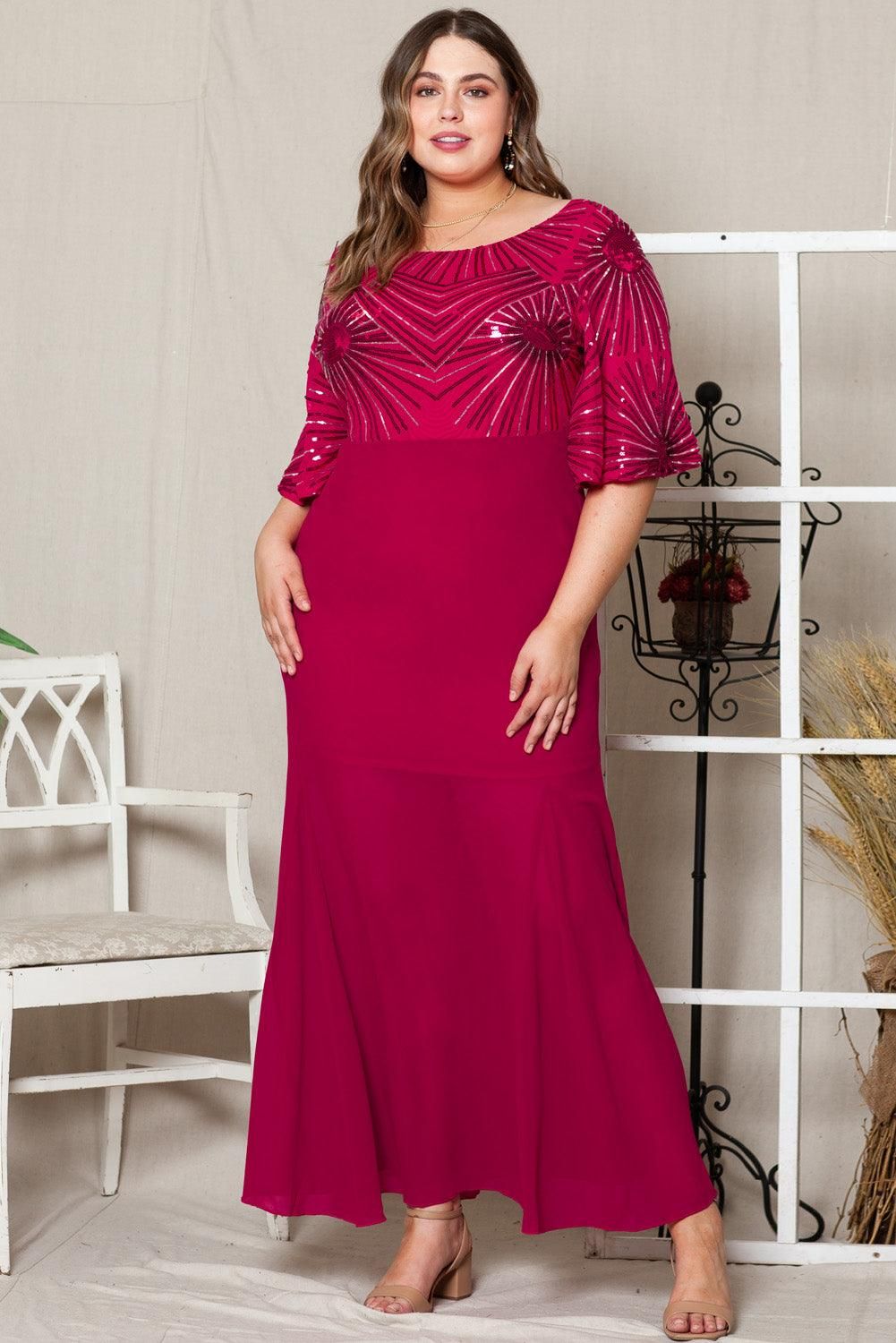 Fiery Red Sequin Mesh Open Back Plus Size Maxi Dress - Yara fashion  98983307 Fiery Red Sequin Mesh Open Back Plus Size Maxi Dress 