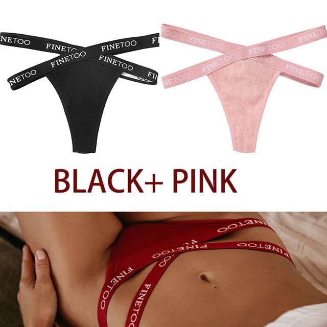 FINETOO 2PCS/Set Women's Cotton G-string Sexy Cross Strap Panties Letter Waisted Underwear Thongs Femme Hollow Out Lady Briefs - Yara fashion  45155452 FINETOO 2PCS/Set Women's Cotton G-string Sexy Cross Strap Panties Letter Waisted Underwear Thongs Femme Hollow Out Lady Briefs 