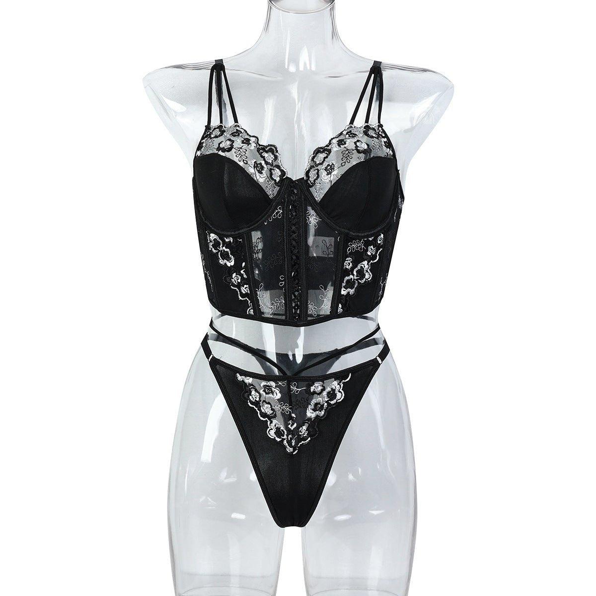 Floral Embroidery Heavy Industry Cross Sexy Lingerie Set Women - Yara fashionYara fashion