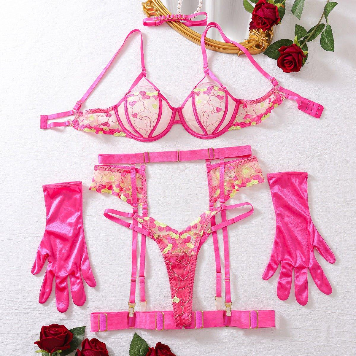 Fluorescent Powder See through Sexy Embroidery Sexy Underwear Underwear Six Piece Set - Yara fashionYara fashion