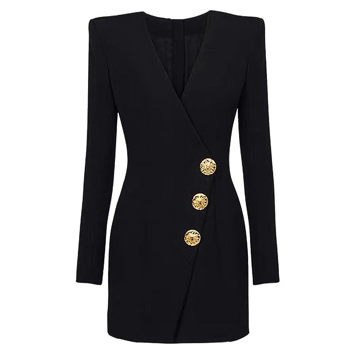 Goods Autumn Winter V neck Slim Fit Slimming Three Buttons Long Sleeve Suit Dress Coat Women - Yara fashionYara fashion