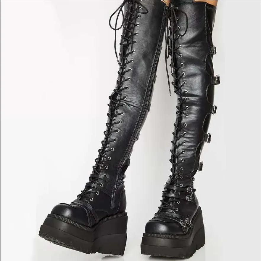 Gothic Thigh High Boots Women Platform Wedges Motorcycle Boot Over The Knee Army Stripper Heels Punk Lace-up Belt Buckle Long - Yara fashion  761552 Gothic Thigh High Boots Women Platform Wedges Motorcycle Boot Over The Knee Army Stripper Heels Punk Lace-up Belt Buckle Long 