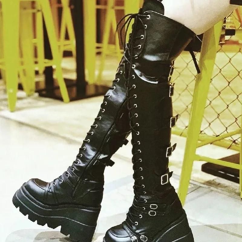 Gothic Thigh High Boots Women Platform Wedges Motorcycle Boot Over The Knee Army Stripper Heels Punk Lace-up Belt Buckle Long - Yara fashion  29317512 Gothic Thigh High Boots Women Platform Wedges Motorcycle Boot Over The Knee Army Stripper Heels Punk Lace-up Belt Buckle Long 