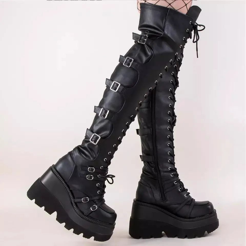 Gothic Thigh High Boots Women Platform Wedges Motorcycle Boot Over The Knee Army Stripper Heels Punk Lace-up Belt Buckle Long - Yara fashion  90643402 Gothic Thigh High Boots Women Platform Wedges Motorcycle Boot Over The Knee Army Stripper Heels Punk Lace-up Belt Buckle Long 