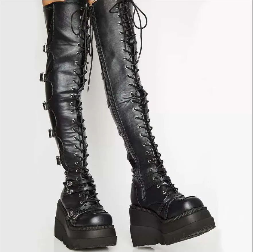 Gothic Thigh High Boots Women Platform Wedges Motorcycle Boot Over The Knee Army Stripper Heels Punk Lace-up Belt Buckle Long - Yara fashion  22831542 Gothic Thigh High Boots Women Platform Wedges Motorcycle Boot Over The Knee Army Stripper Heels Punk Lace-up Belt Buckle Long 