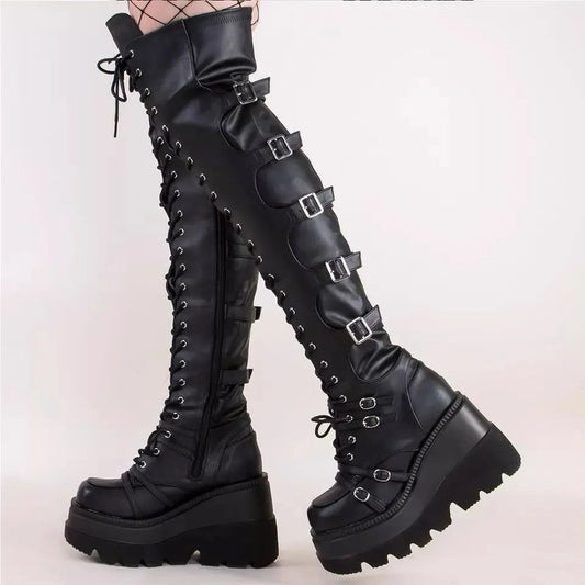 Gothic Thigh High Boots Women Platform Wedges Motorcycle Boot Over The Knee Army Stripper Heels Punk Lace-up Belt Buckle Long - Yara fashion  39417315 Gothic Thigh High Boots Women Platform Wedges Motorcycle Boot Over The Knee Army Stripper Heels Punk Lace-up Belt Buckle Long 