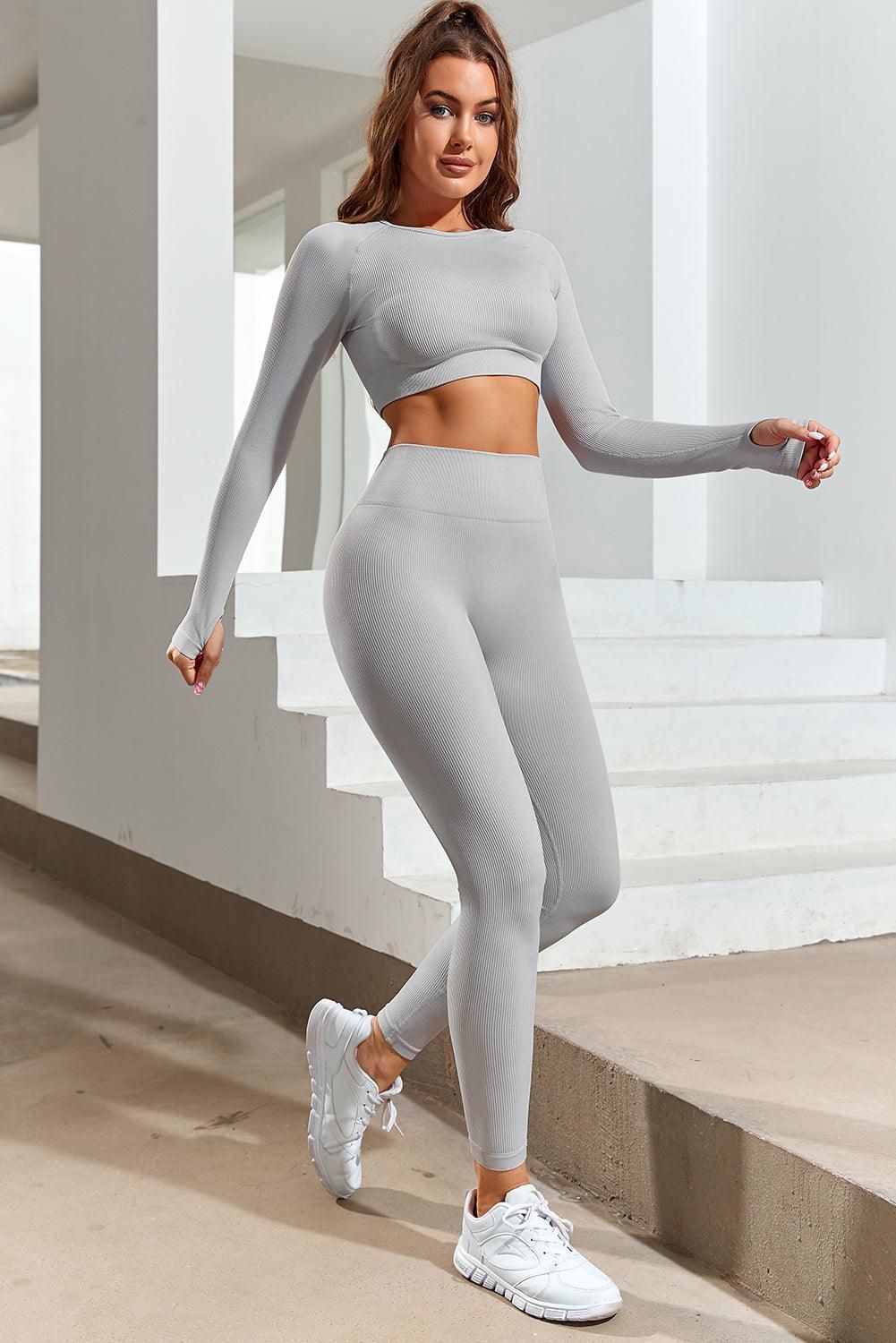 Gray Long Sleeve Seamless Crop Smoke - Yara fashion  79941083 Gray Long Sleeve Seamless Crop Smoke 