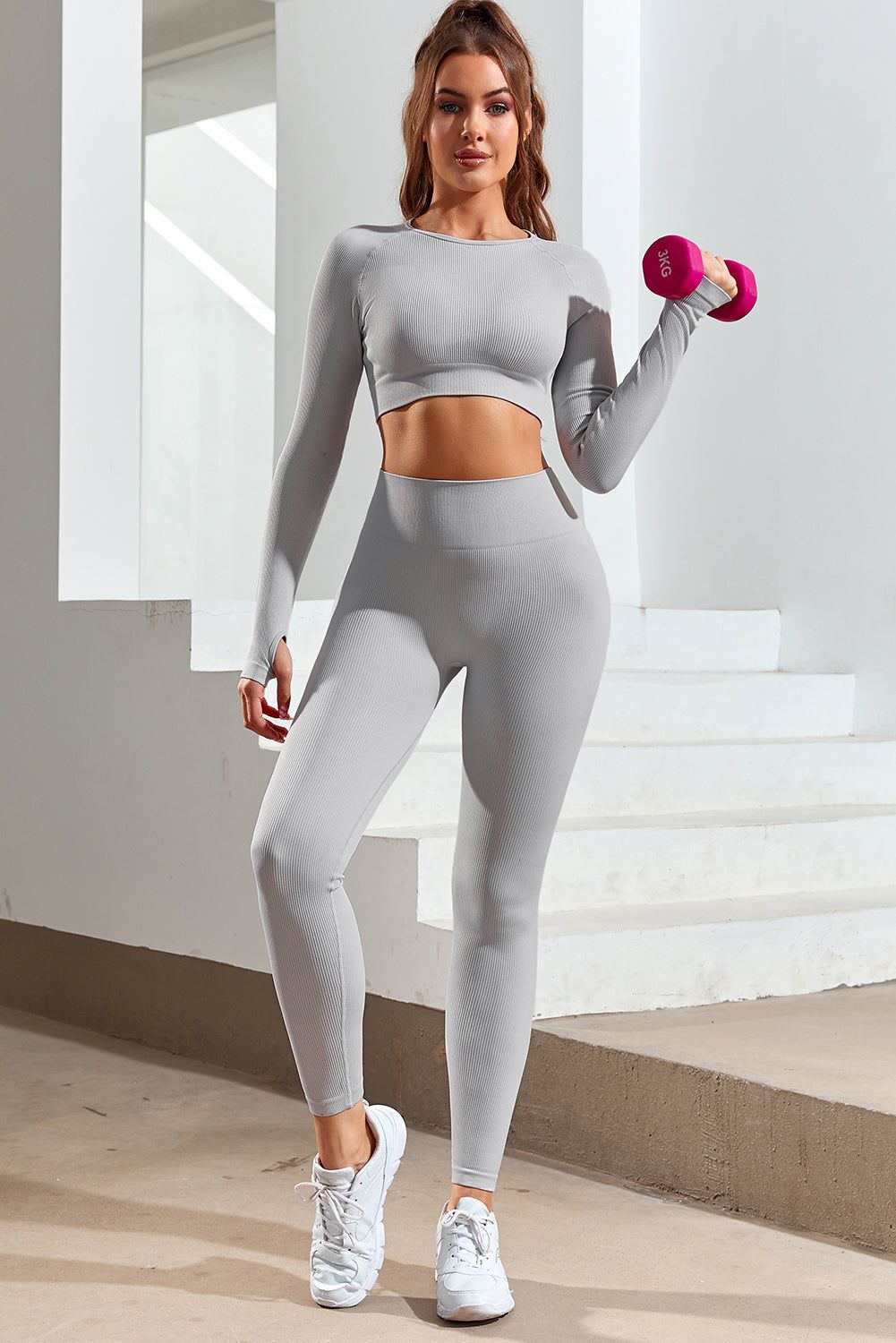 Gray Long Sleeve Seamless Crop Smoke - Yara fashion  82708415 Gray Long Sleeve Seamless Crop Smoke 