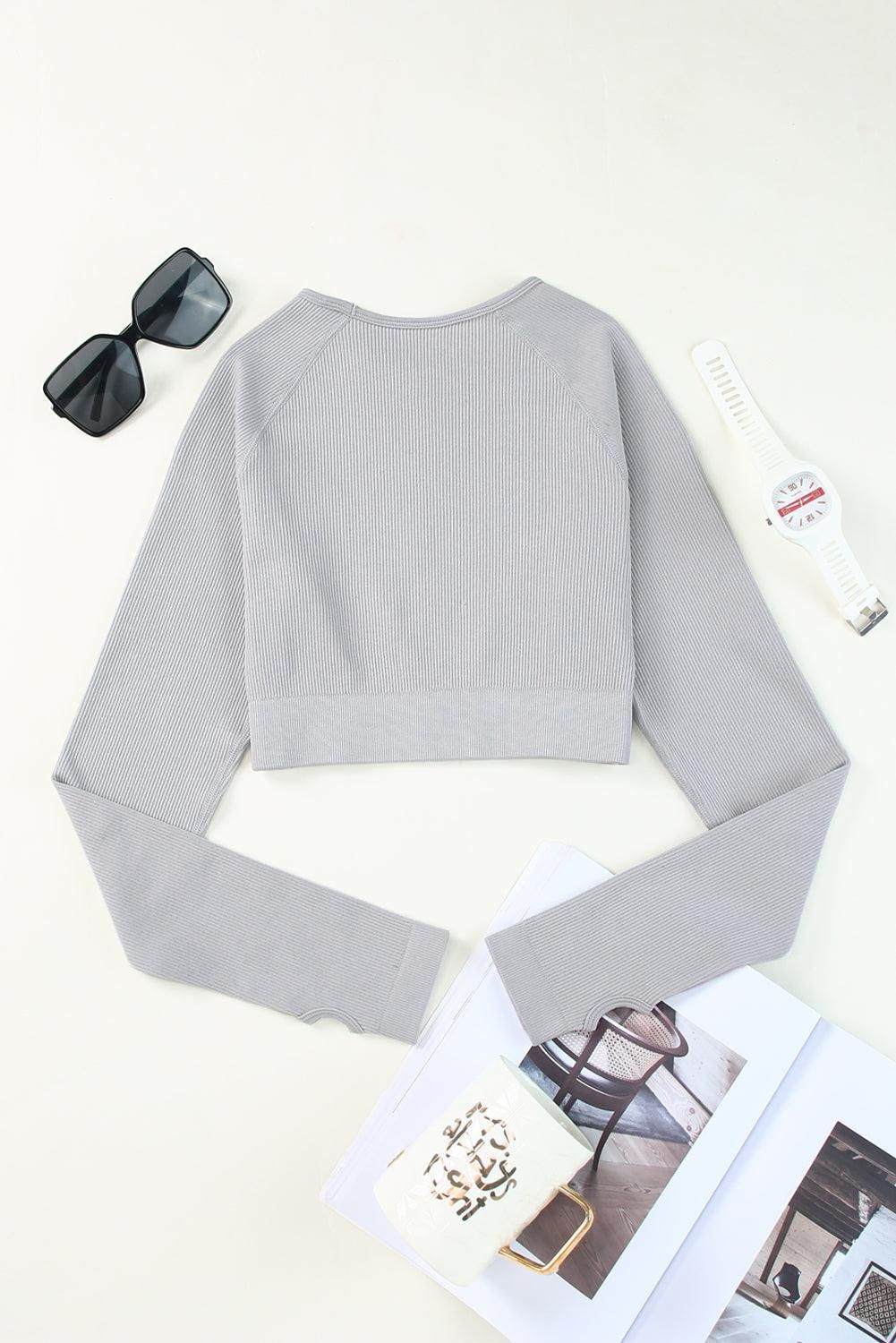 Gray Long Sleeve Seamless Crop Smoke - Yara fashion  48202377 Gray Long Sleeve Seamless Crop Smoke 