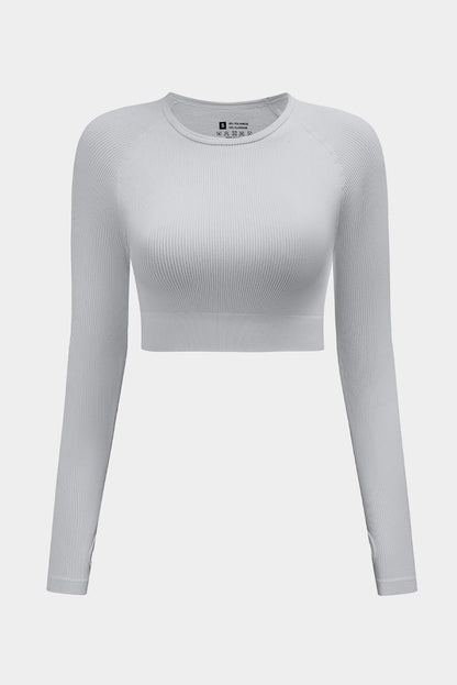 Gray Long Sleeve Seamless Crop Smoke - Yara fashion  87967245 Gray Long Sleeve Seamless Crop Smoke 