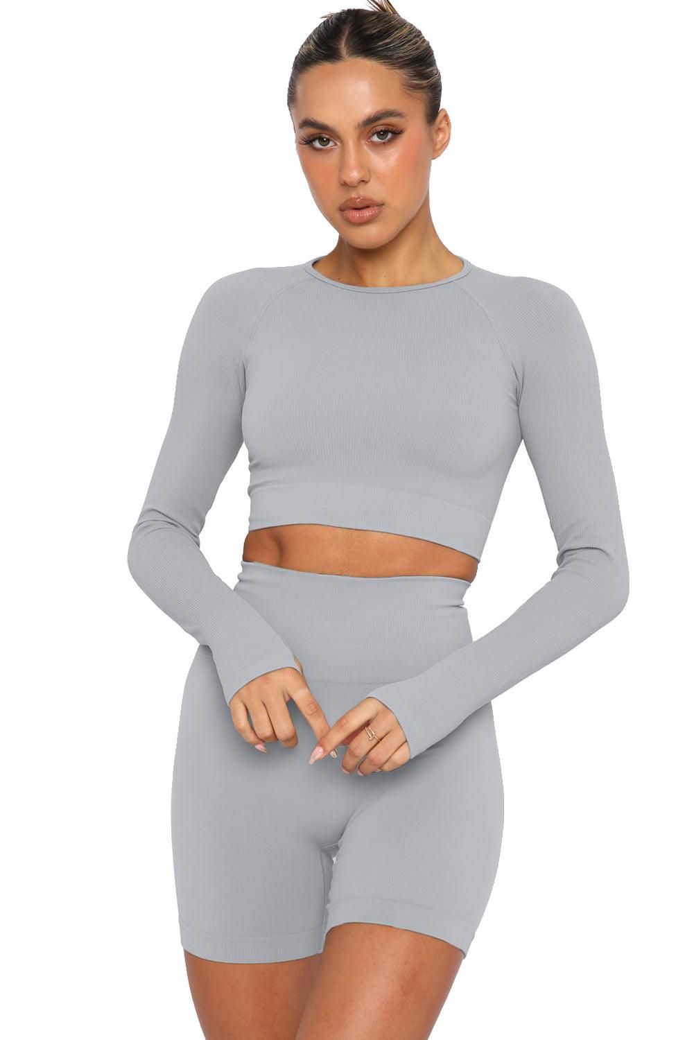 Gray Long Sleeve Seamless Crop Smoke - Yara fashion Activewear Yara fashion 20.64