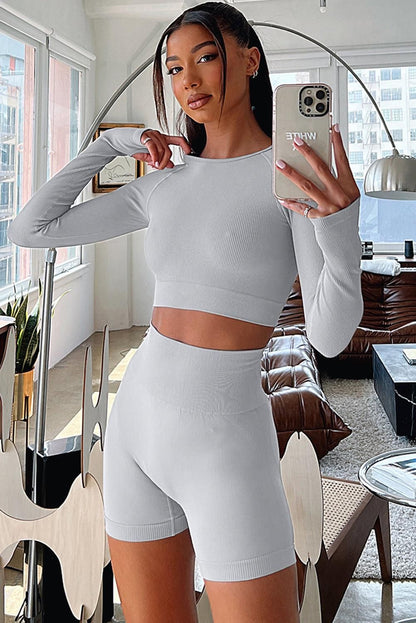 Gray Long Sleeve Seamless Crop Smoke - Yara fashion  68781747 Gray Long Sleeve Seamless Crop Smoke 