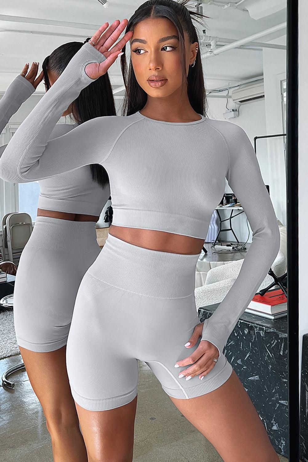 Gray Long Sleeve Seamless Crop Smoke - Yara fashion  77430509 Gray Long Sleeve Seamless Crop Smoke 