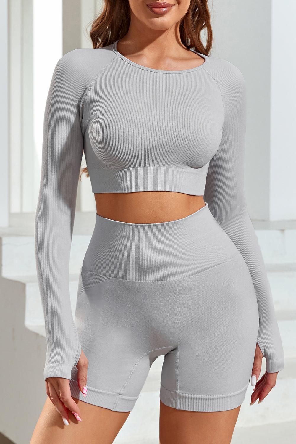 Gray Long Sleeve Seamless Crop Smoke - Yara fashion  92649407 Gray Long Sleeve Seamless Crop Smoke 