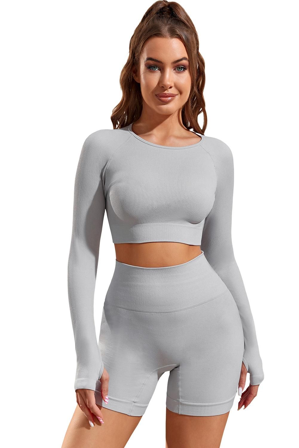 Gray Long Sleeve Seamless Crop Smoke - Yara fashion  89386437 Gray Long Sleeve Seamless Crop Smoke 