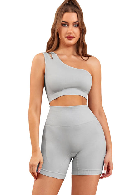 Gray Single Split Shoulder Ribbed Sports Bra - Yara fashion  27437571 Gray Single Split Shoulder Ribbed Sports Bra 