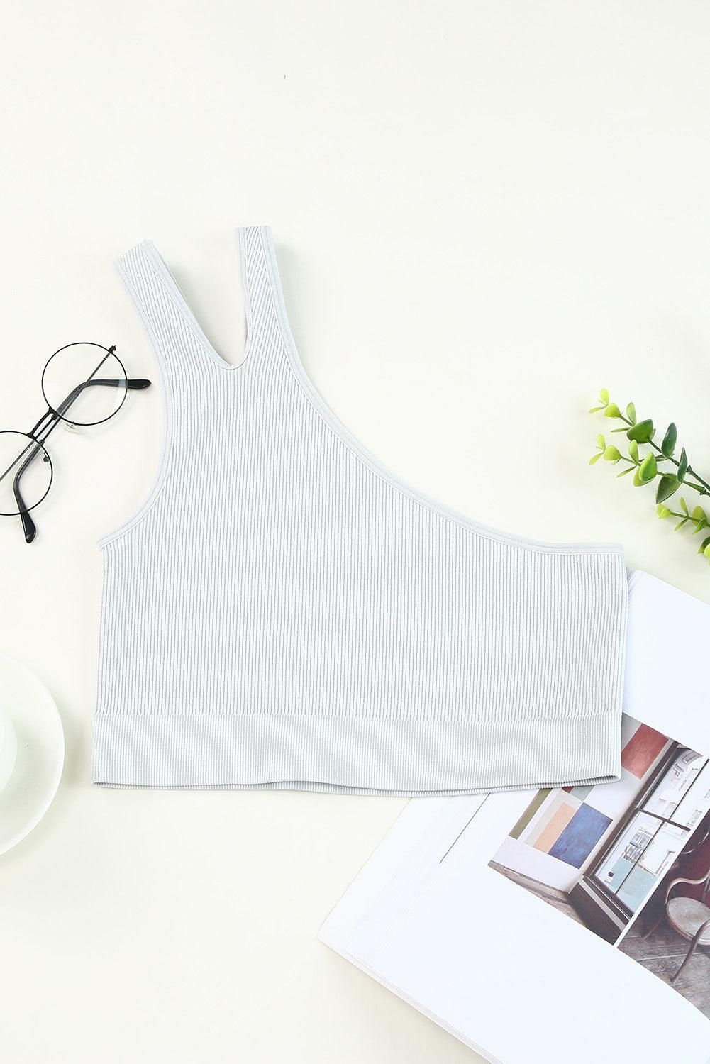 Gray Single Split Shoulder Ribbed Sports Bra - Yara fashion  16393575 Gray Single Split Shoulder Ribbed Sports Bra 