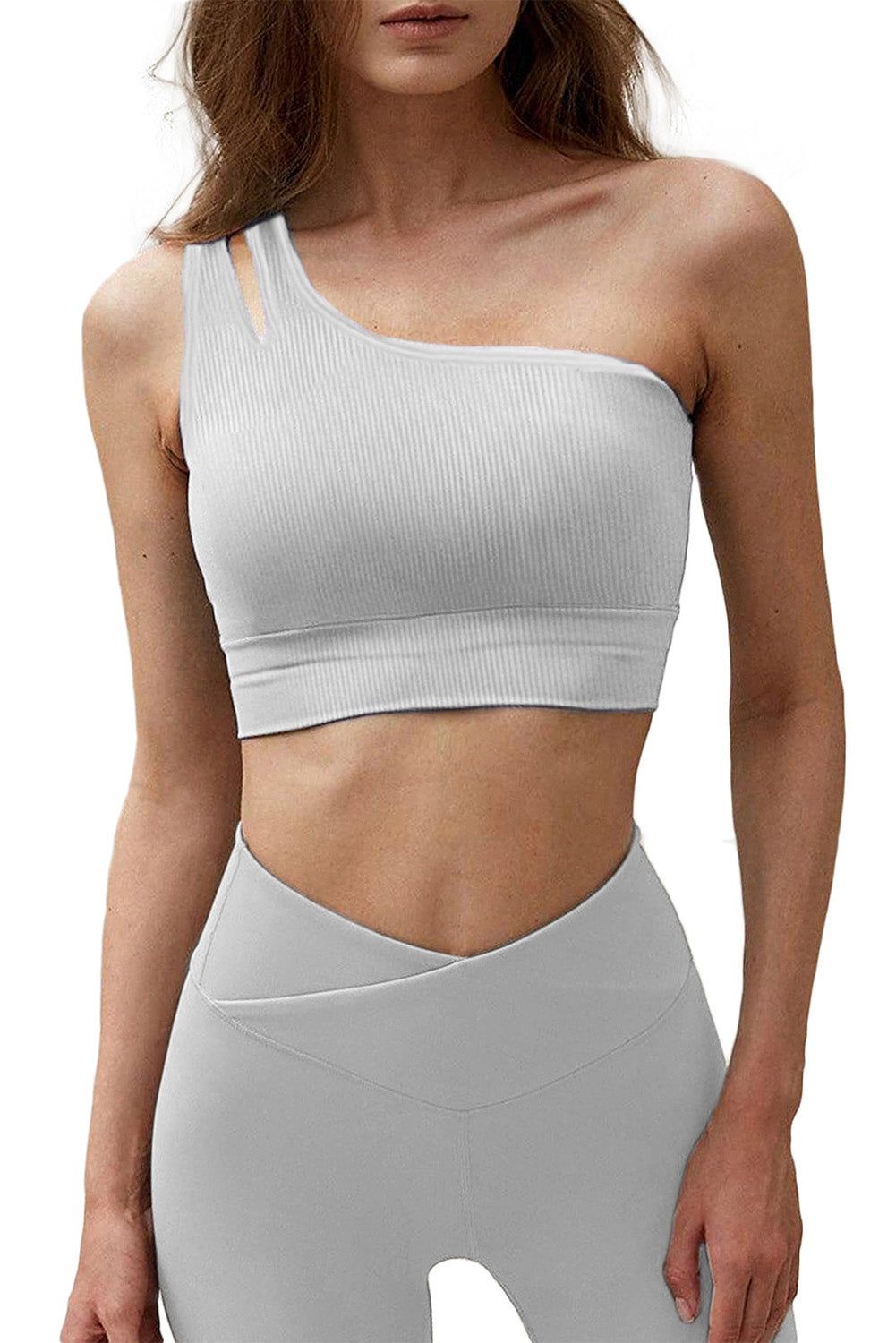 Gray Single Split Shoulder Ribbed Sports Bra - Yara fashion  71584575 Gray Single Split Shoulder Ribbed Sports Bra 