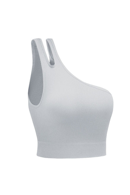 Gray Single Split Shoulder Ribbed Sports Bra - Yara fashion  33784057 Gray Single Split Shoulder Ribbed Sports Bra 