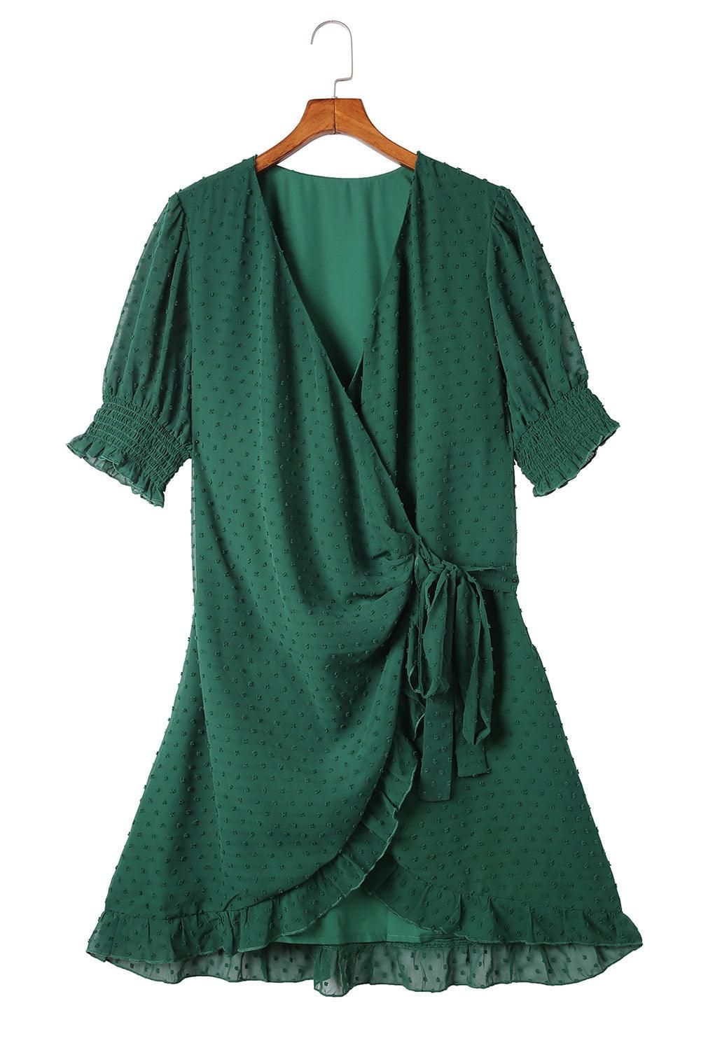 Green Plus Size Swiss Dot Puff Sleeve Wrap Dress - Yara fashion  88611894 Green Plus Size Swiss Dot Puff Sleeve Wrap Dress 