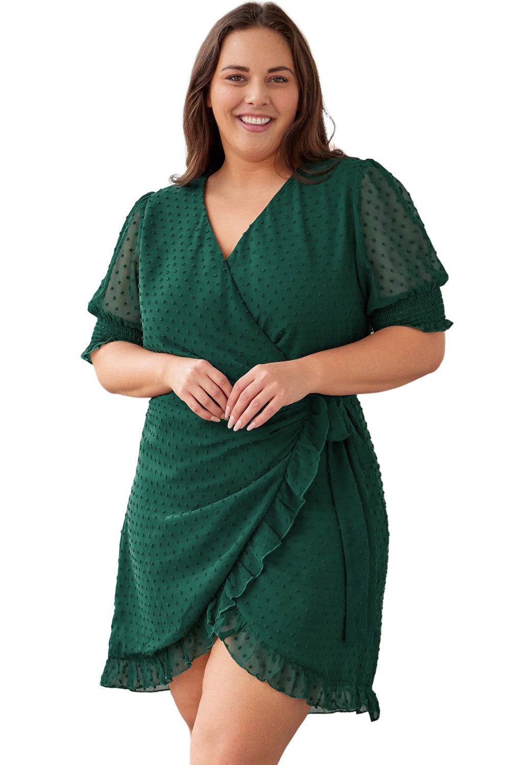 Green Plus Size Swiss Dot Puff Sleeve Wrap Dress - Yara fashion  44442113 Green Plus Size Swiss Dot Puff Sleeve Wrap Dress 